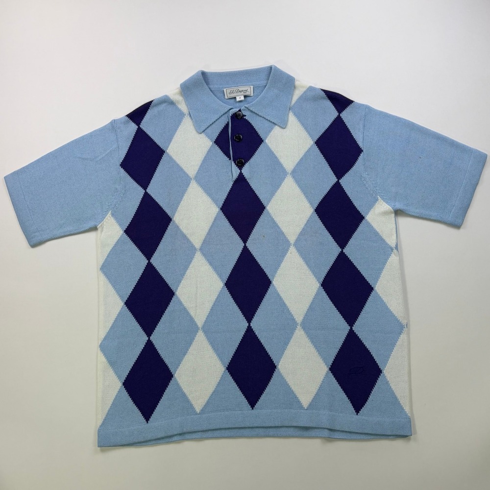 S.T. Dupont Argyle Knit Polo Shirt Mens Size M Blue Short Sleeve Vintage Sweater